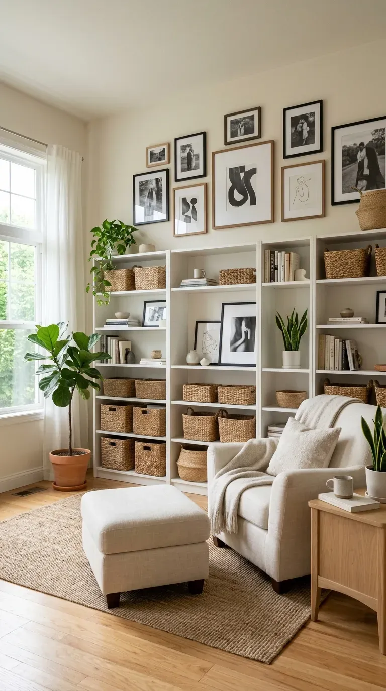 Neutral living room with white shelving and woven baskets