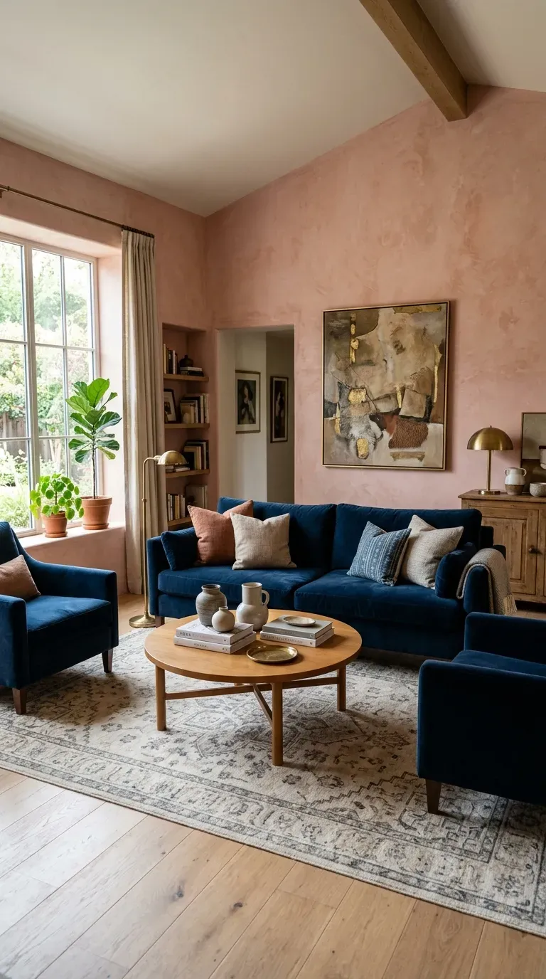 Warm sunbaked pink living room with deep midnight furniture