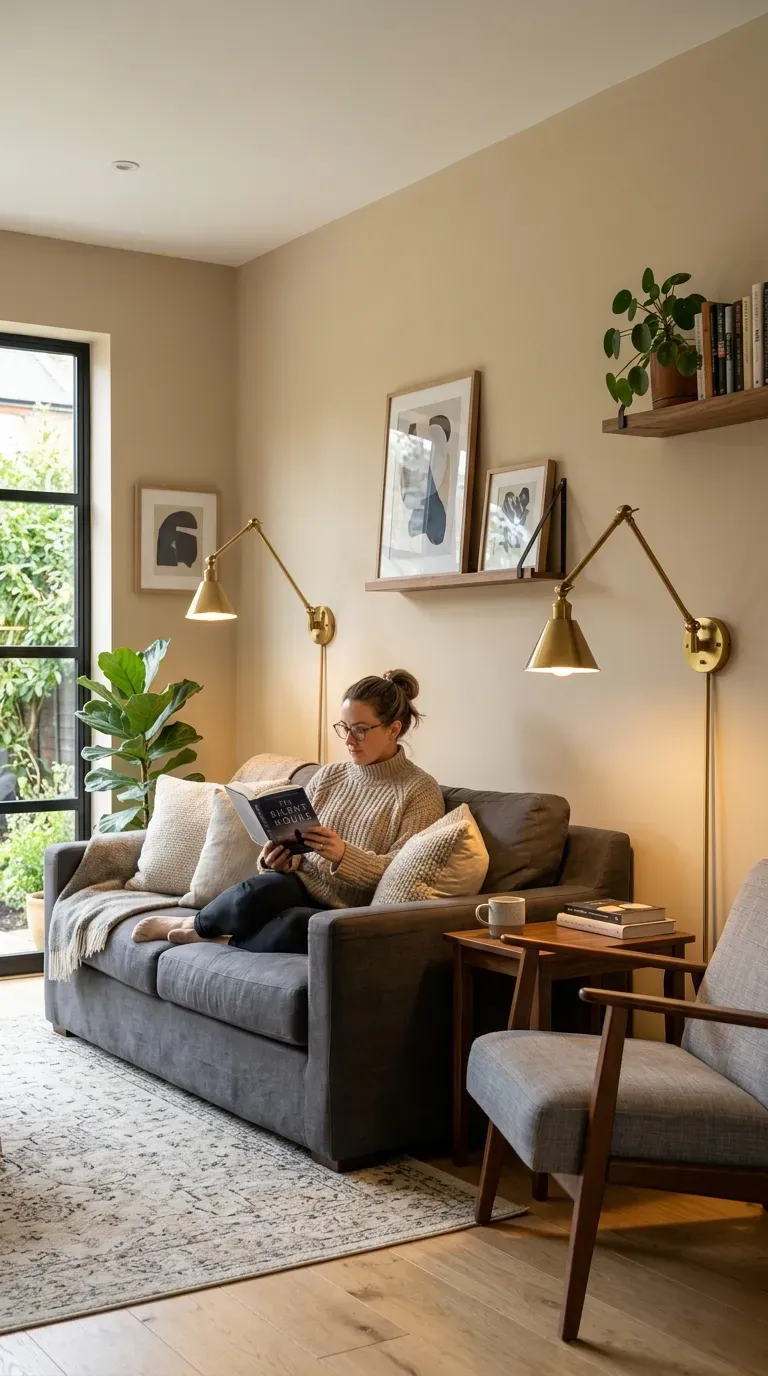 Living room with swing-arm wall sconces for task lighting