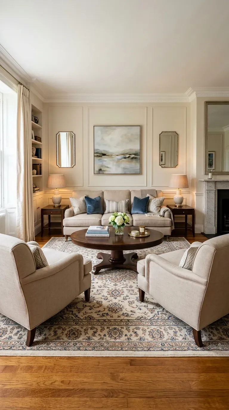 Living room with two identical armchairs facing a sofa in balanced symmetrical arrangement