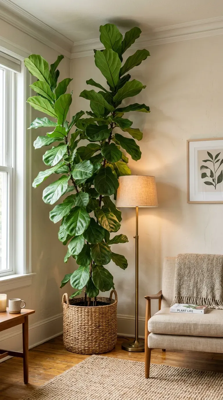 Tall indoor plant in woven basket as living room focal point