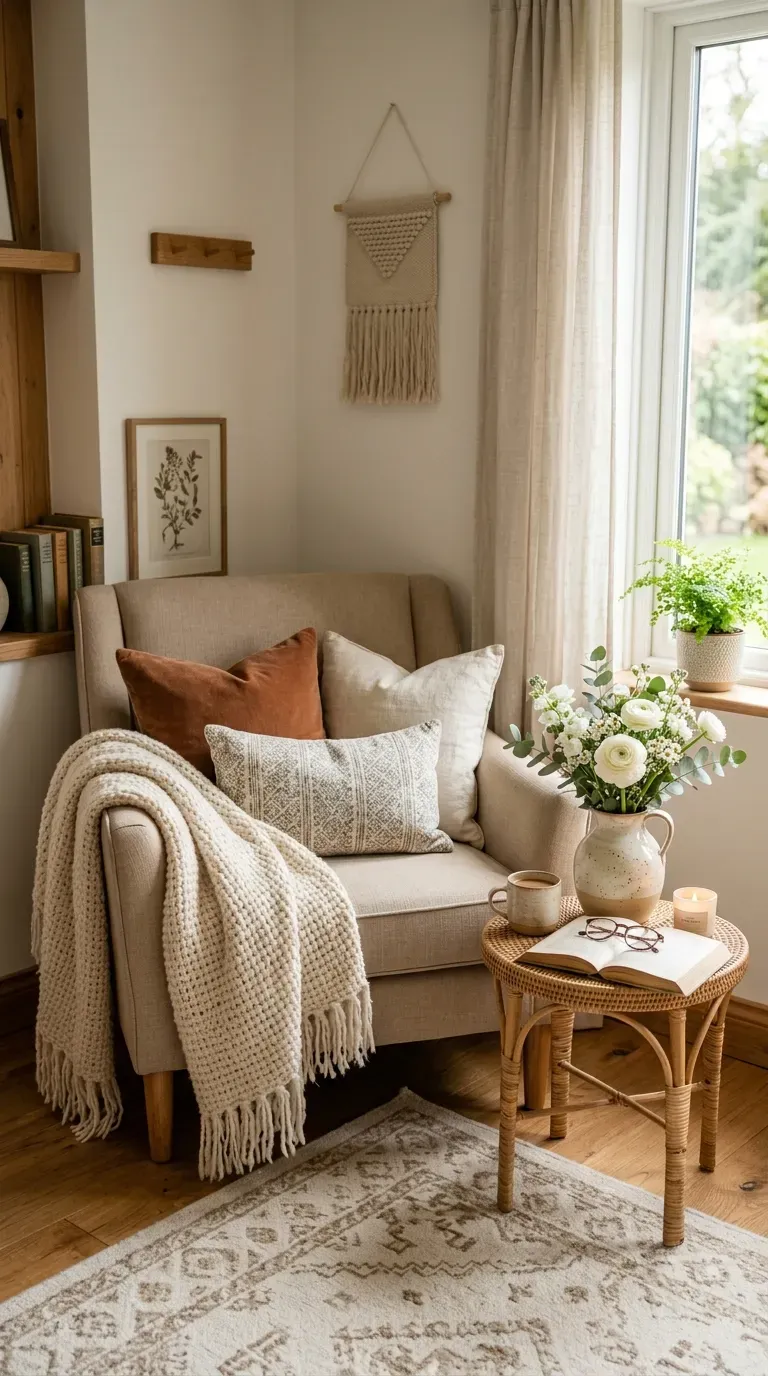 Cozy corner with layered textiles and soft fabrics
