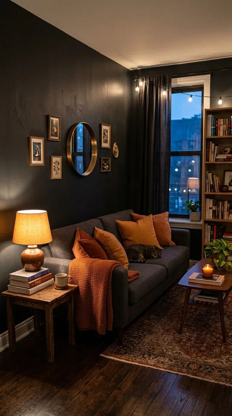 Small living room with layered textured pillows and throws