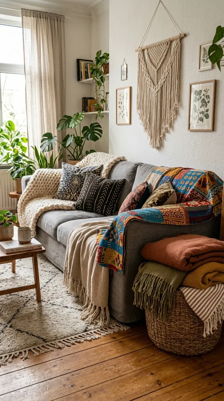 Boho living room with layered throws and blankets on furniture