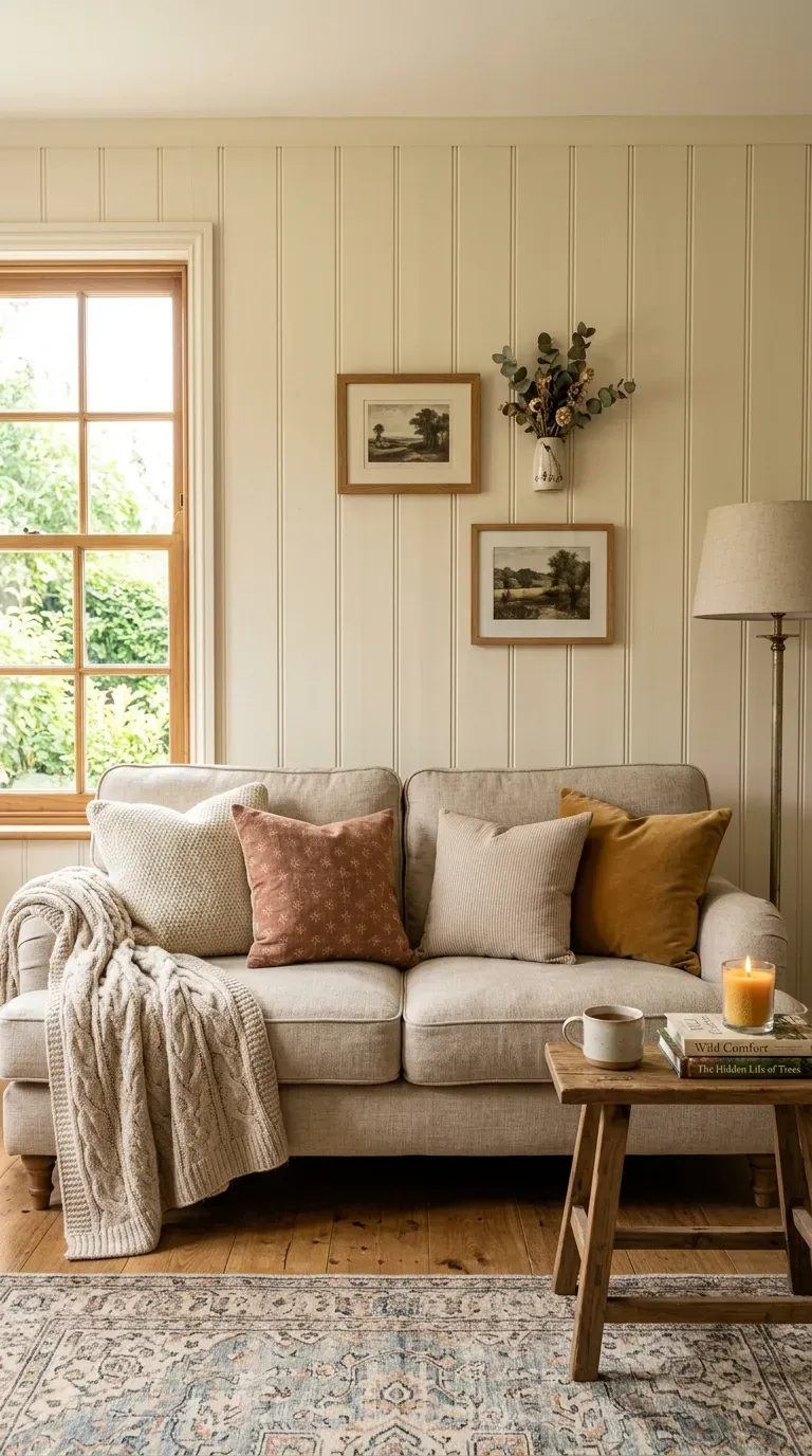 Cozy living room with painted tongue-and-groove paneling