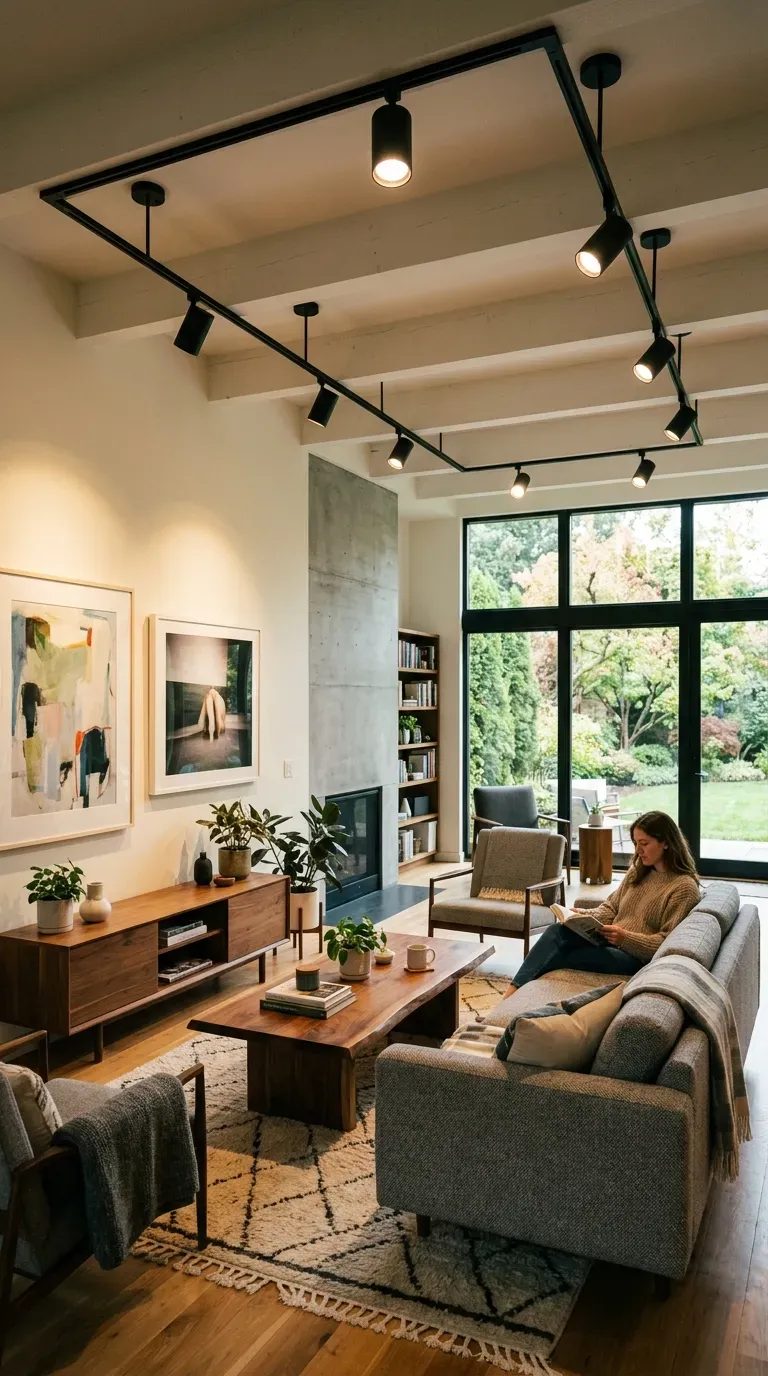 Modern living room with adjustable track lighting