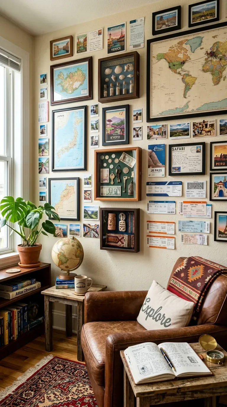 Living room wall displaying travel souvenirs and memories