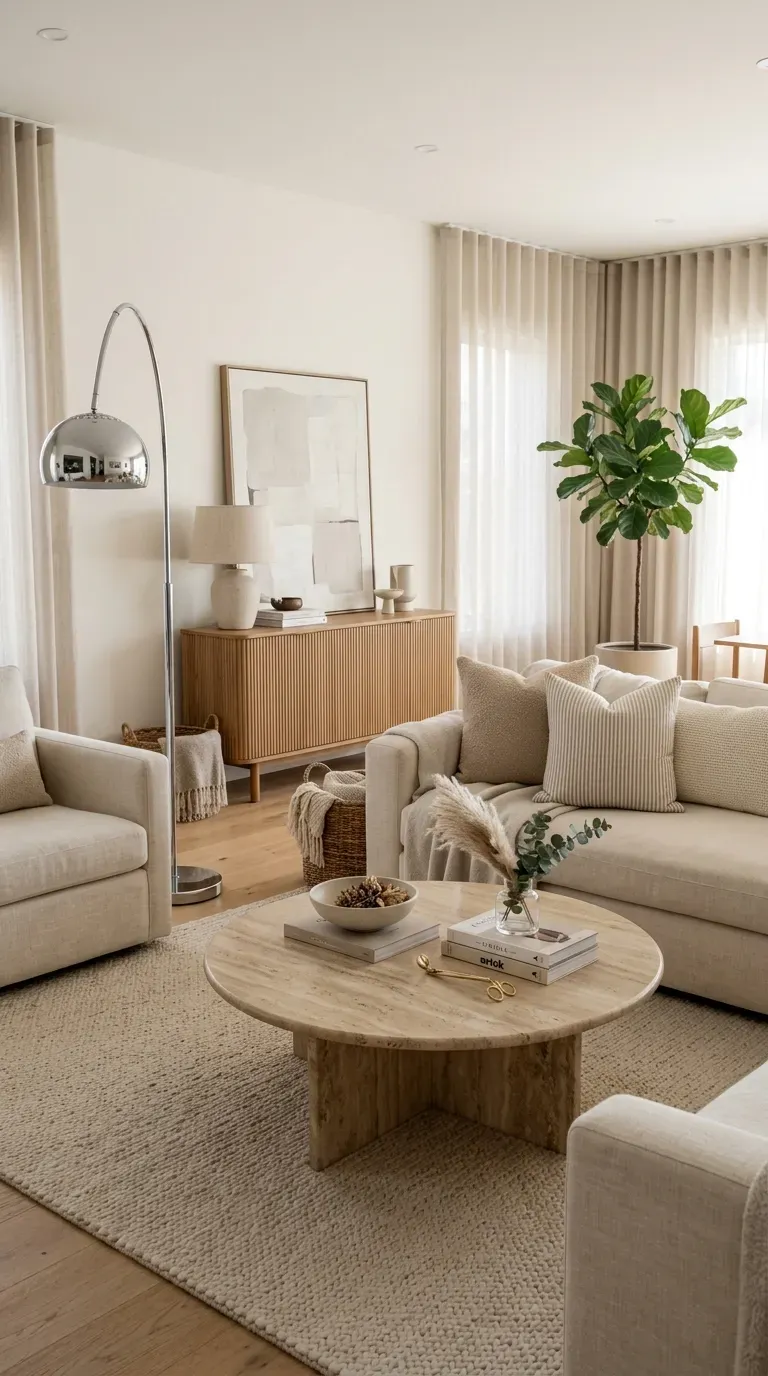 Neutral living room with travertine coffee table and chrome lamp