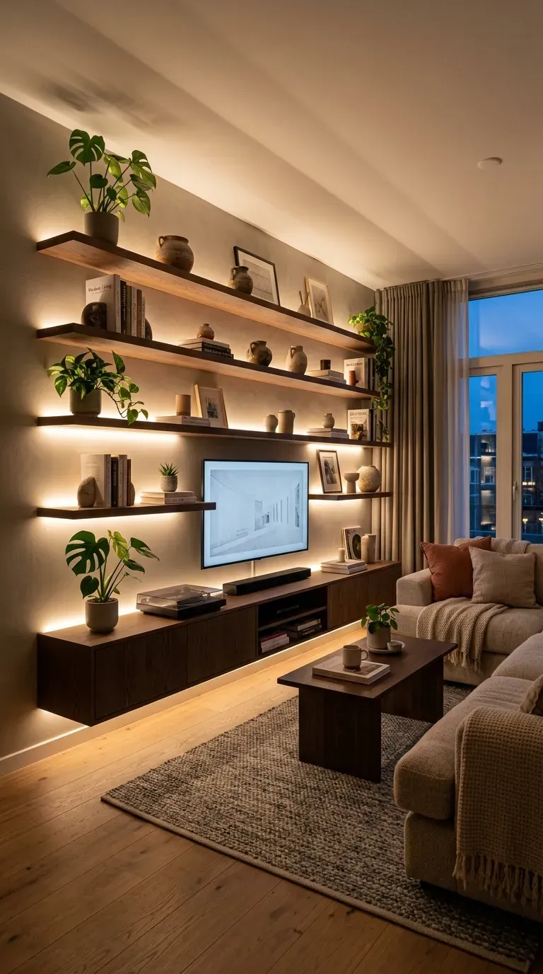 Living room with under-cabinet lighting illuminating display shelves