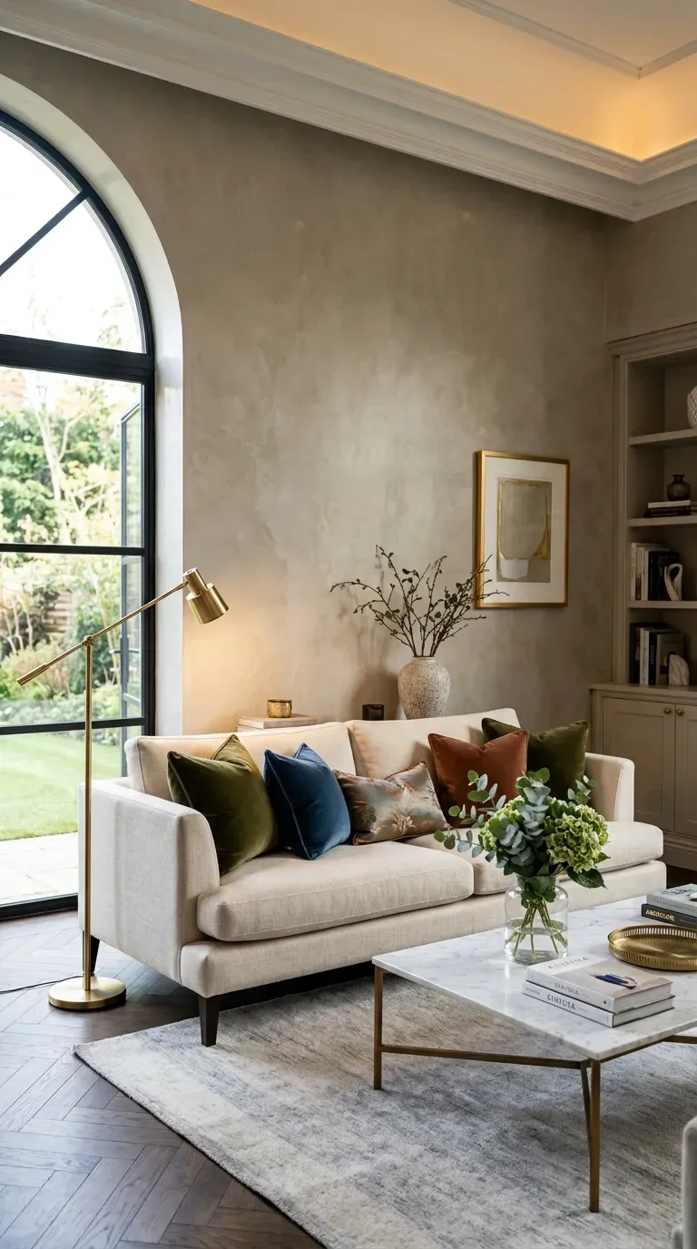 Luxurious living room with polished Venetian plaster walls