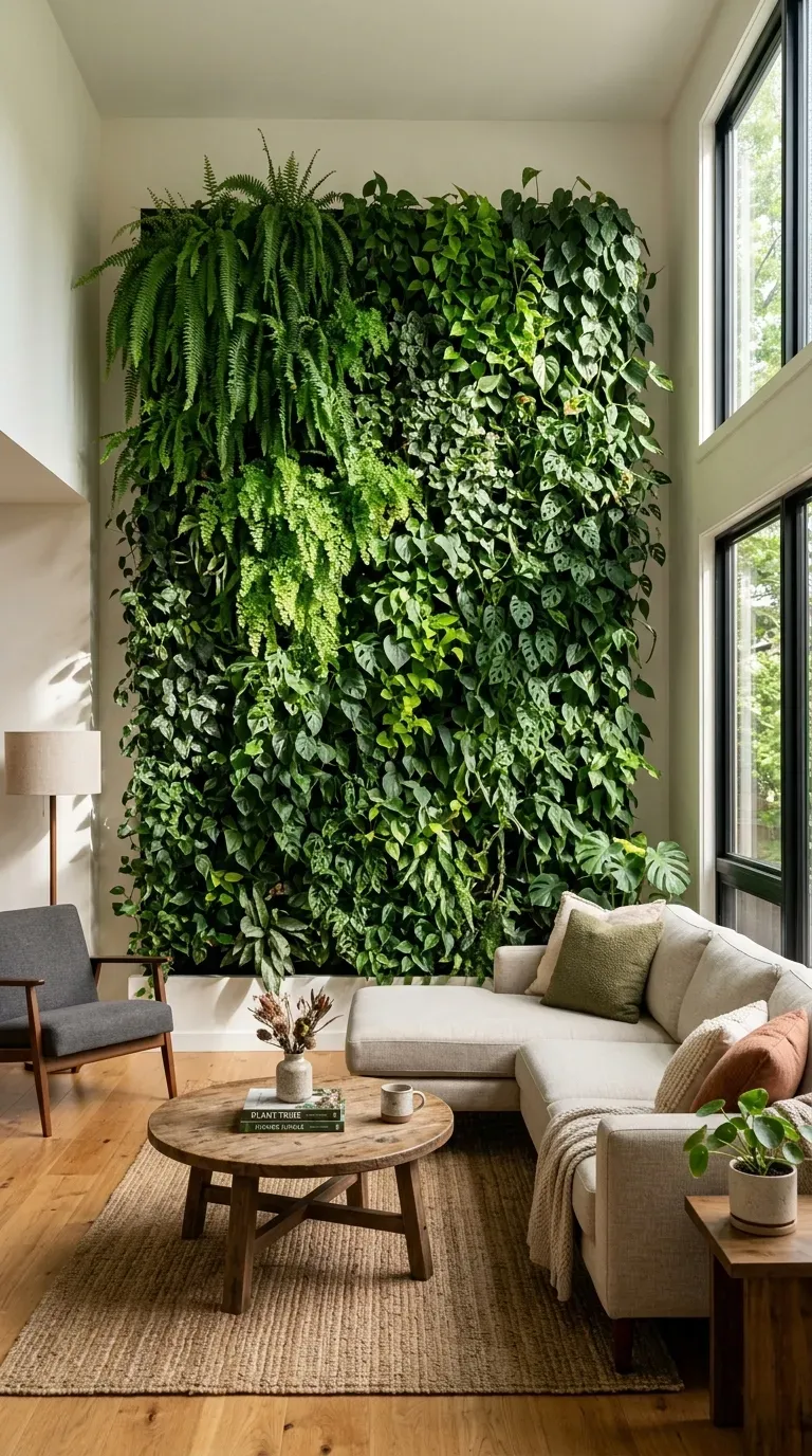 Living room with lush vertical garden wall installation