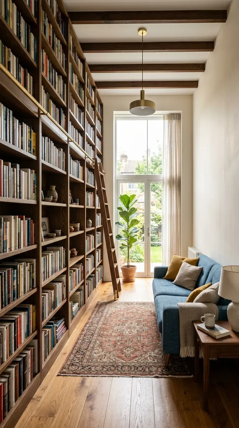 Tall bookshelves drawing the eye up in a narrow living room