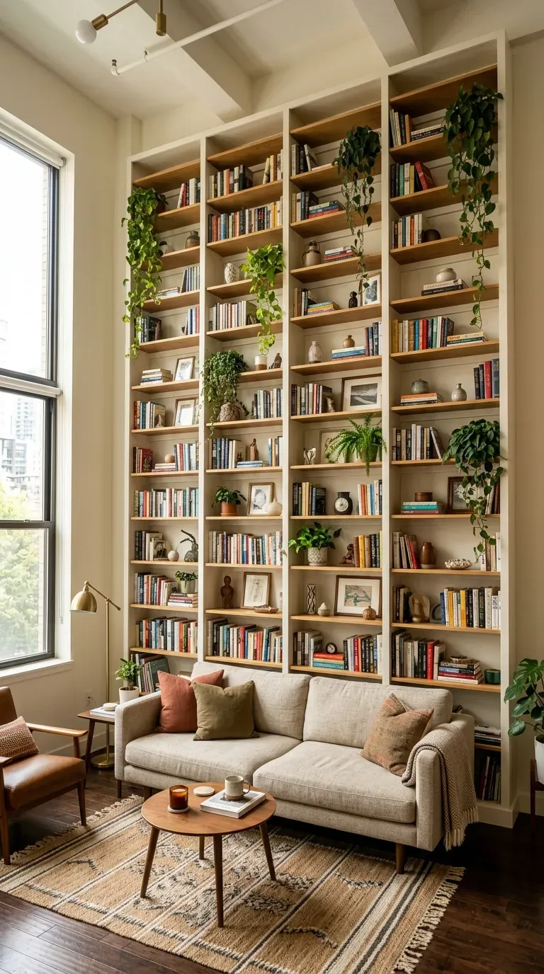 Small living room with tall shelving maximizing vertical space