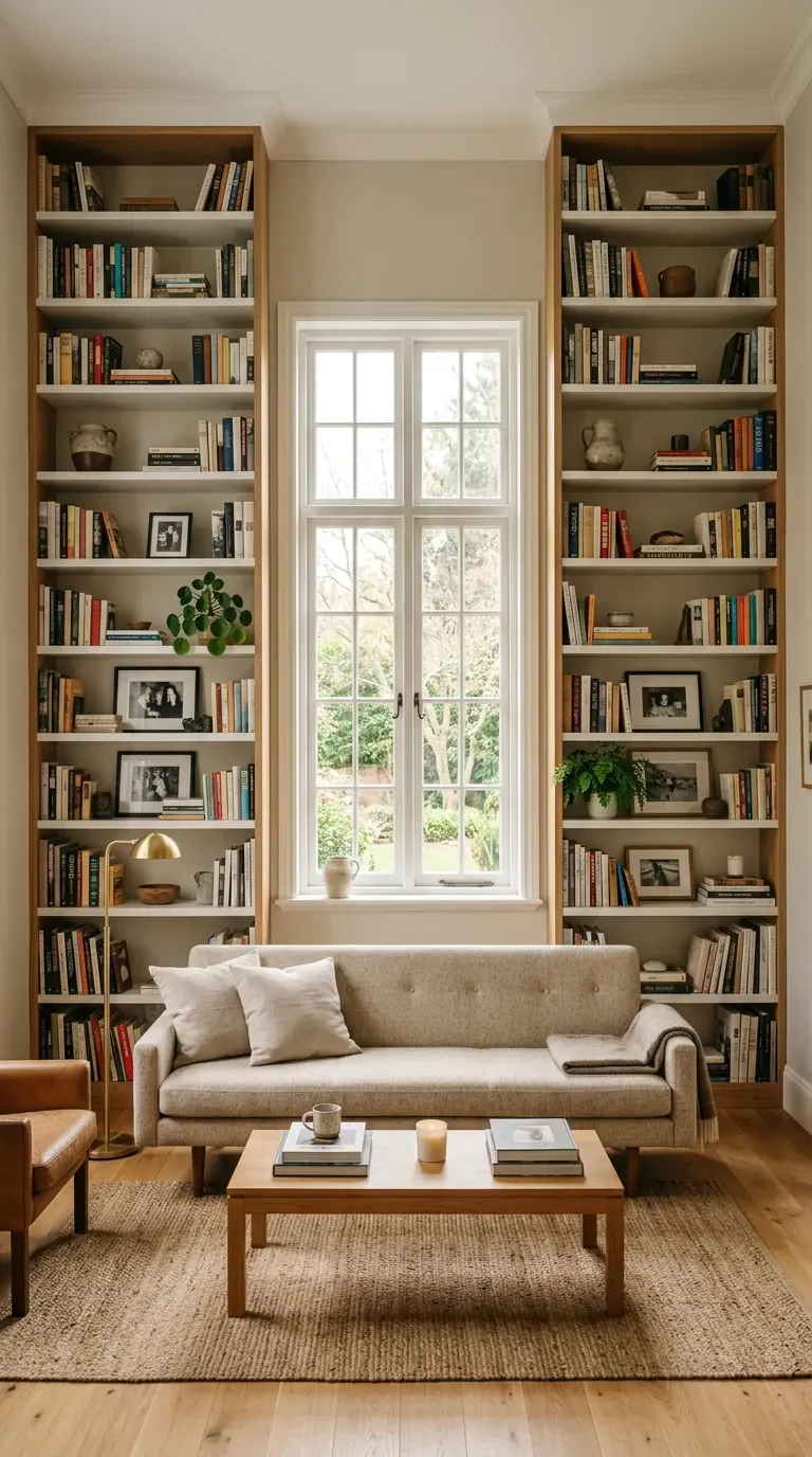 Living room with tall bookshelves maximizing vertical space