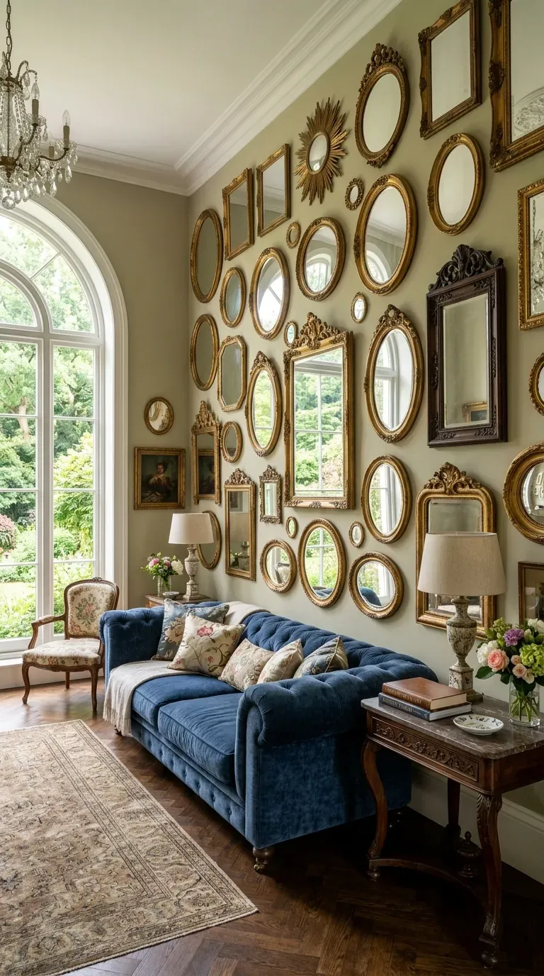 Living room wall with collection of vintage mirrors