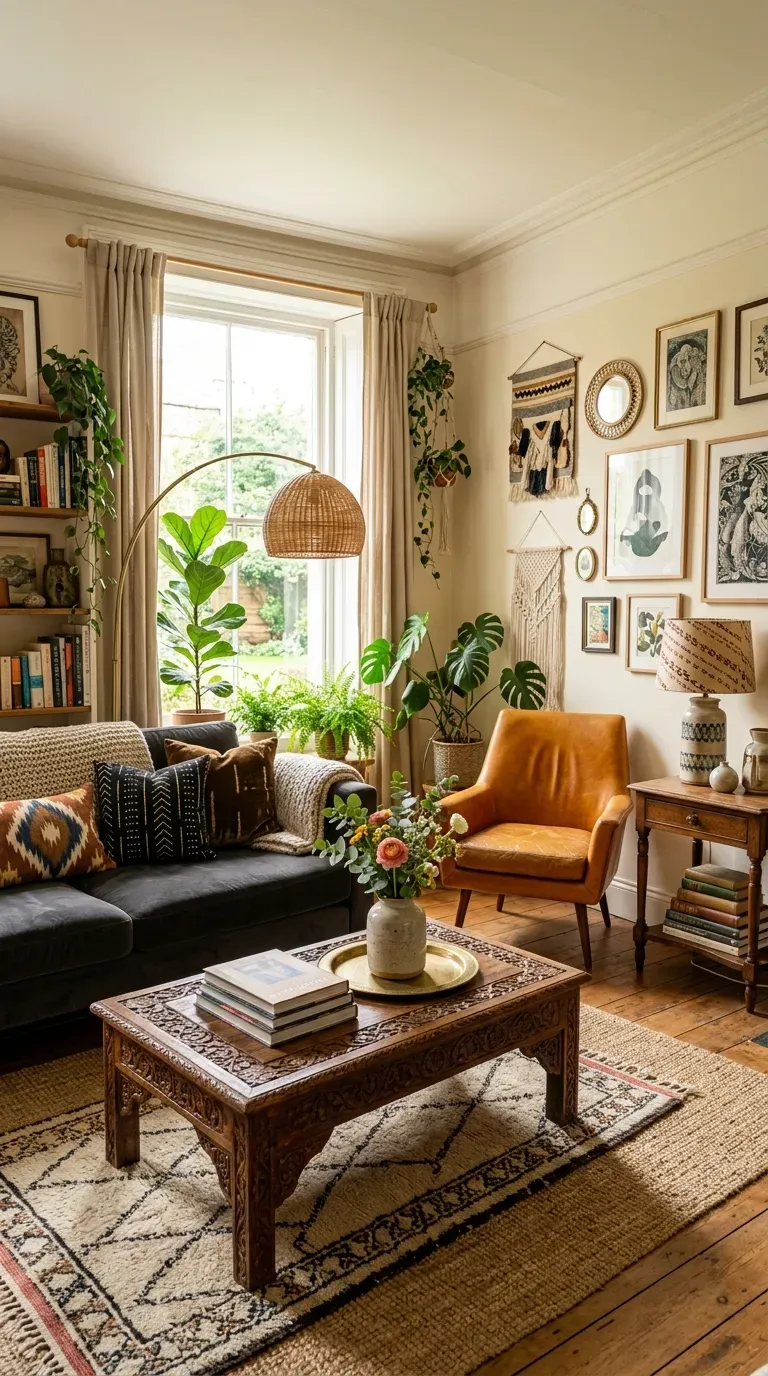 Eclectic boho living room mixing vintage and modern furniture