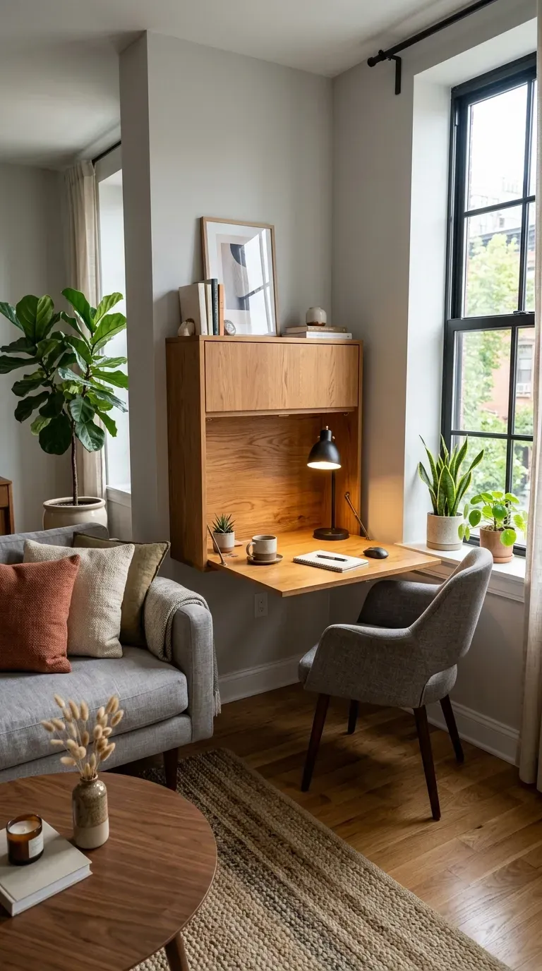 Living room with fold-down wall-mounted desk as functional decor