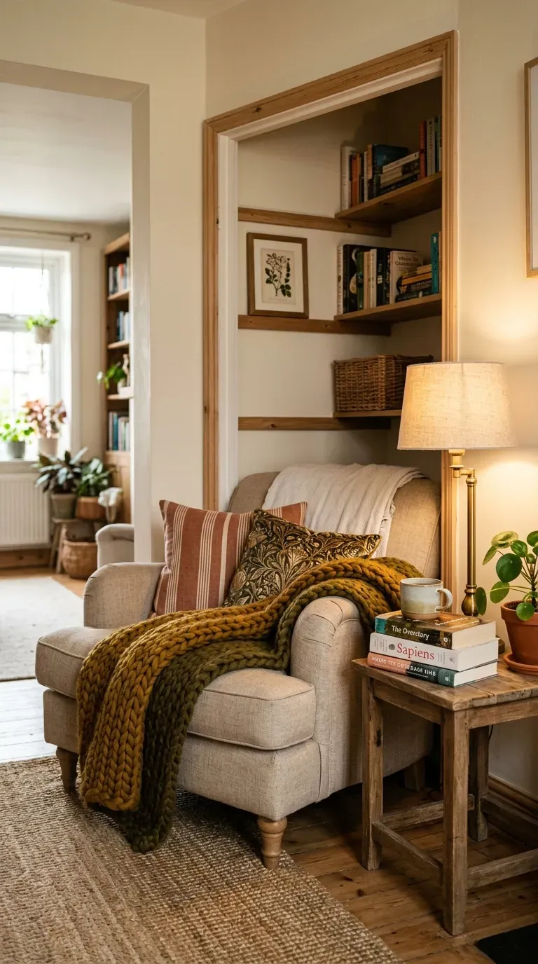 Living room with wall-mounted TV and slim console below saving floor space
