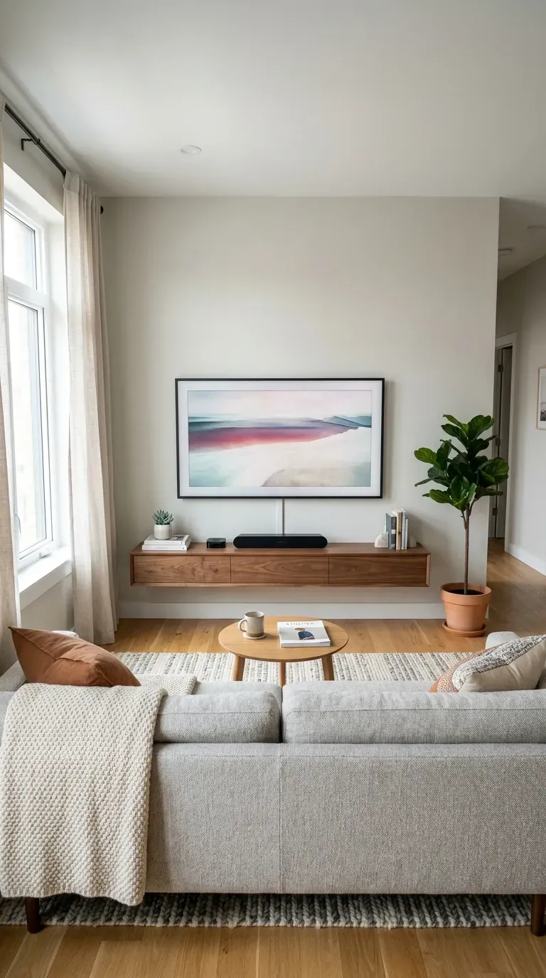 Small living room with wall-mounted TV and floating console