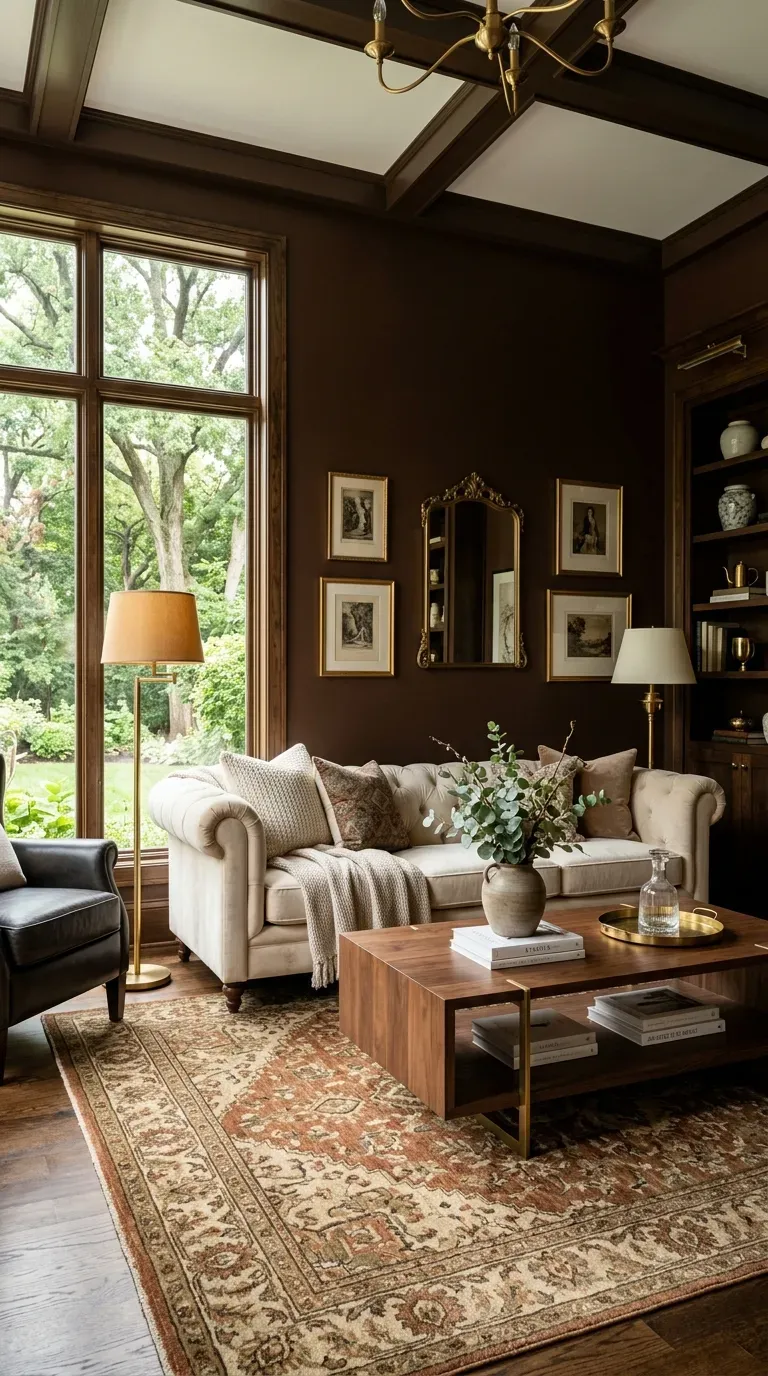 Sophisticated living room with walnut brown walls and cream furniture