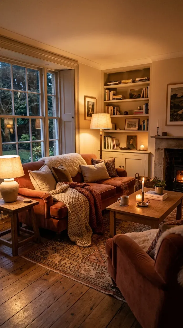 Cozy living room with warm 2700K lighting creating inviting atmosphere