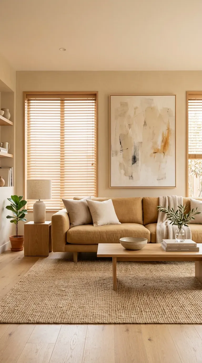 Minimalist living room with warm neutral tones