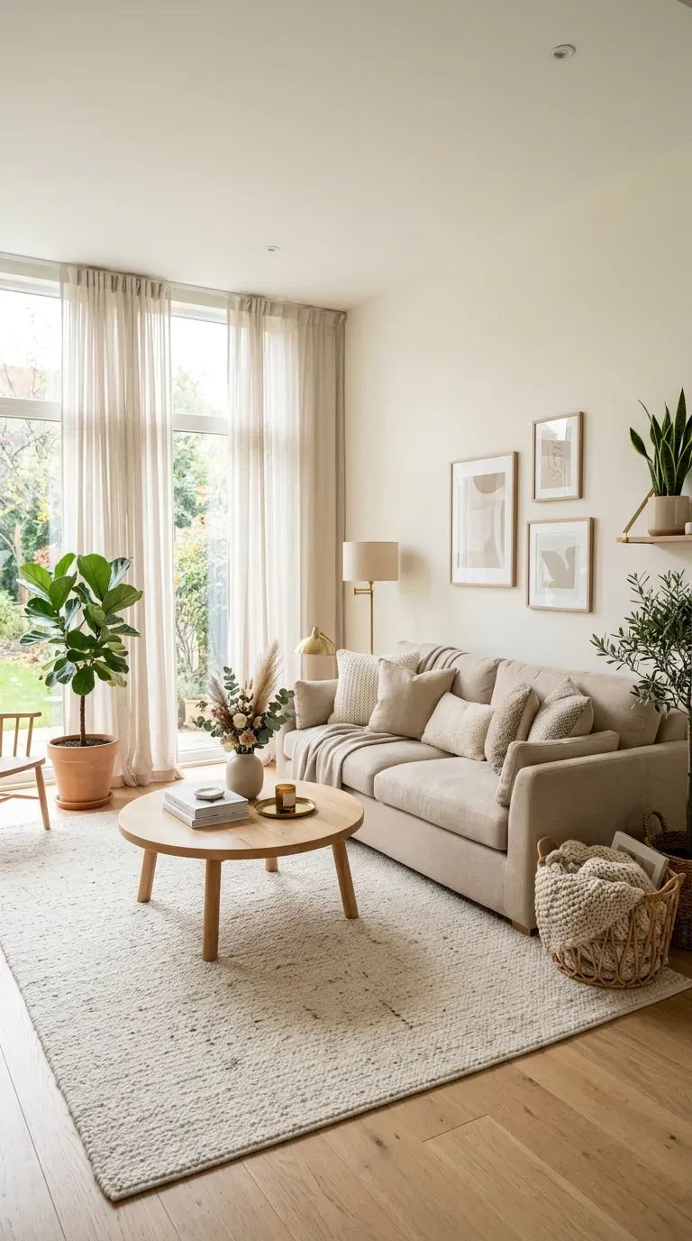 Bright living room with warm white walls and soft beige furnishings