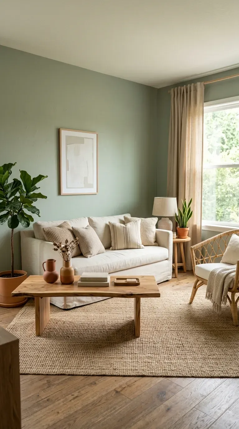 Vibrant living room with wasabi green walls and natural textures