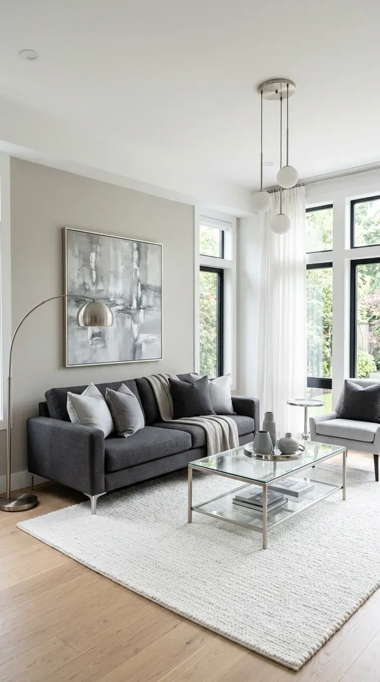 Crisp white and grey living room with metallic accents