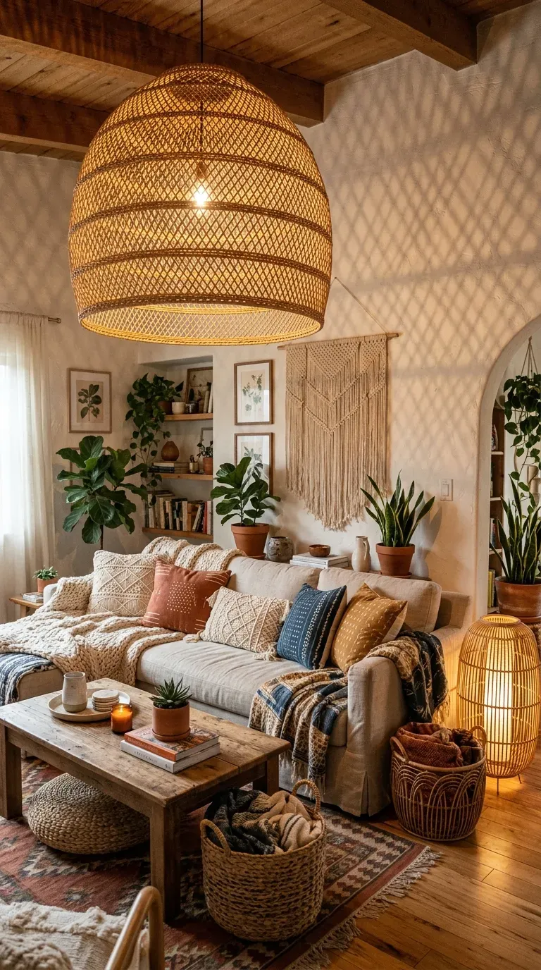 Boho living room with wicker pendant light and rattan lamp