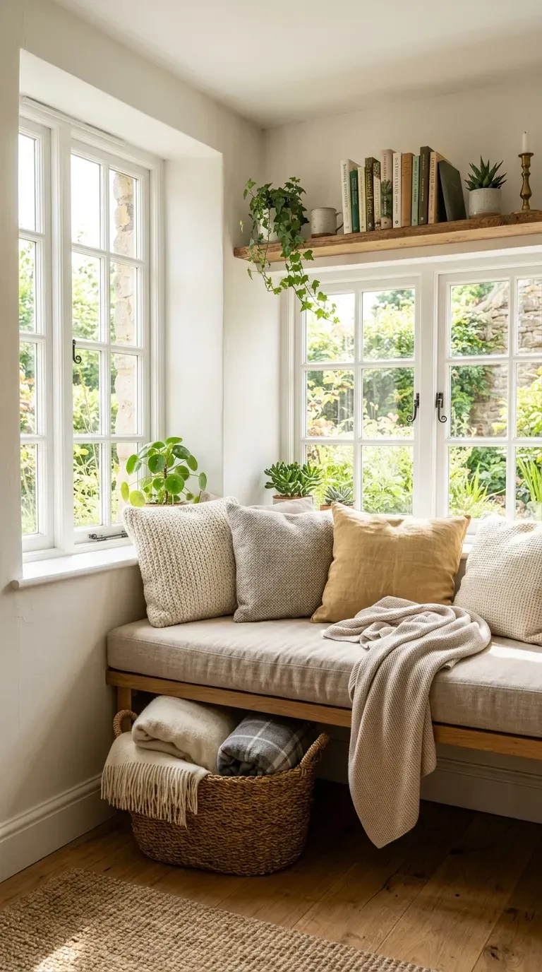 Window alcove with cushioned bench and pillows for reading