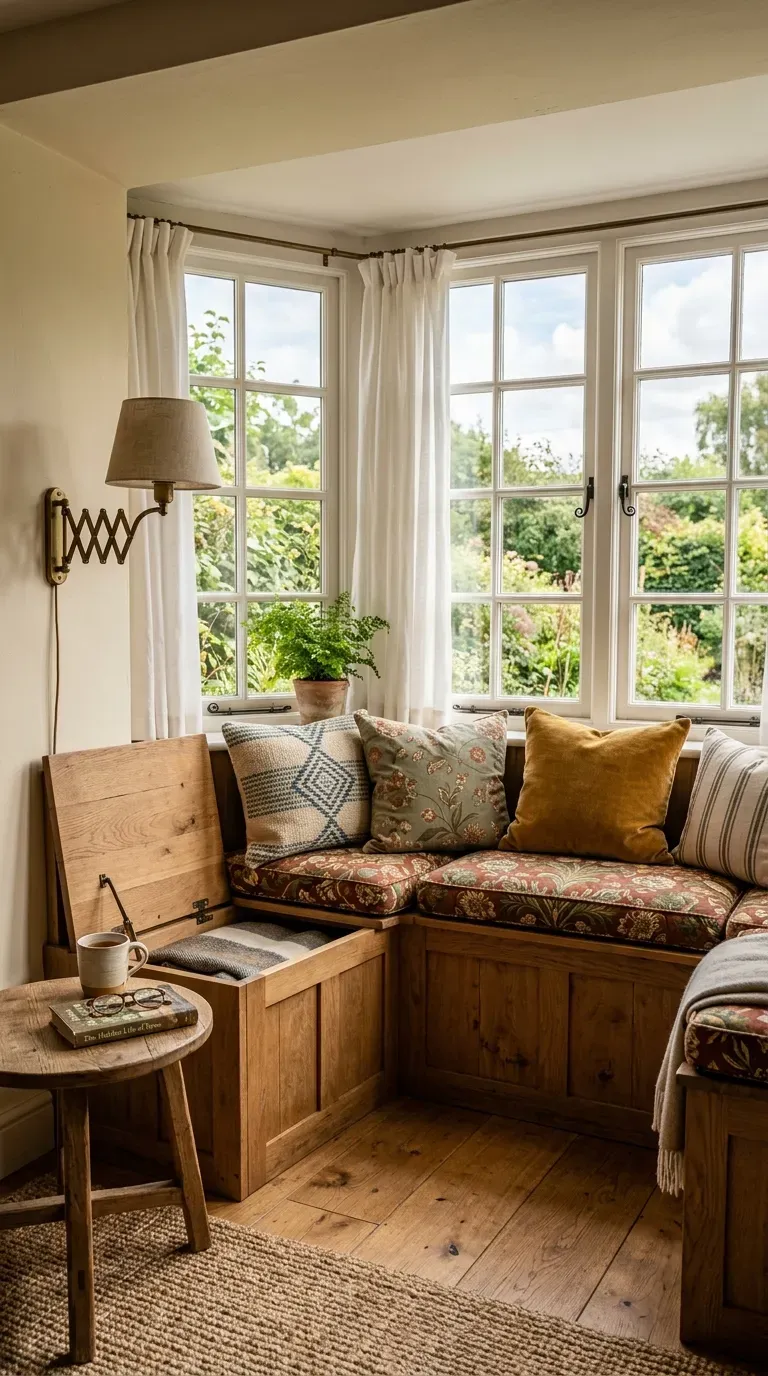 Bay window with built-in bench and hidden storage in living room