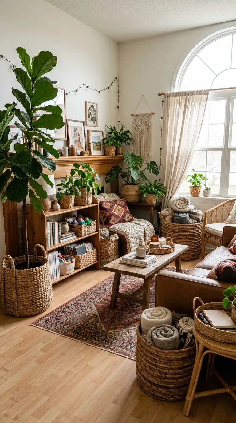 Boho living room with woven baskets holding plants and storage
