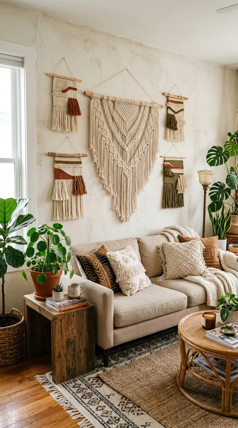 Living room with woven wall hangings and macramé decor