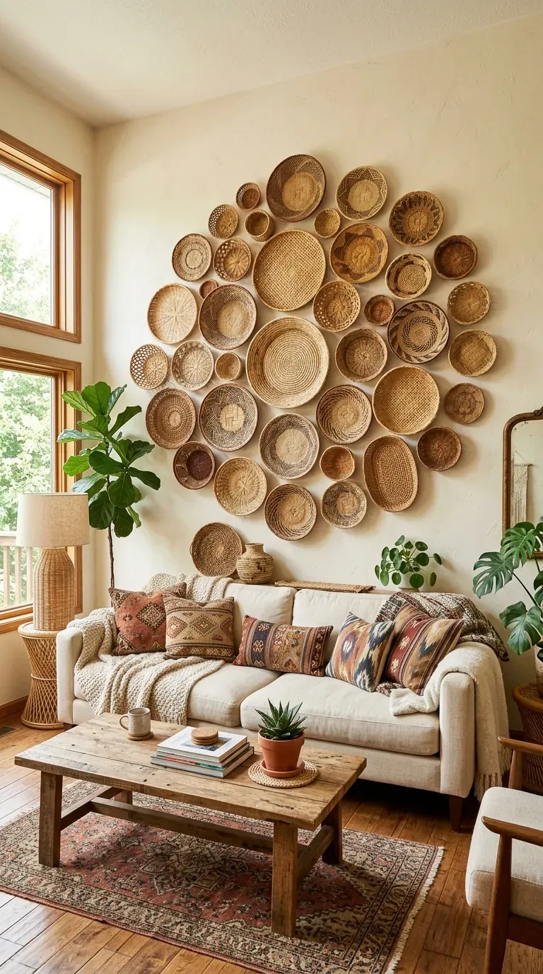 Boho living room with woven basket wall display